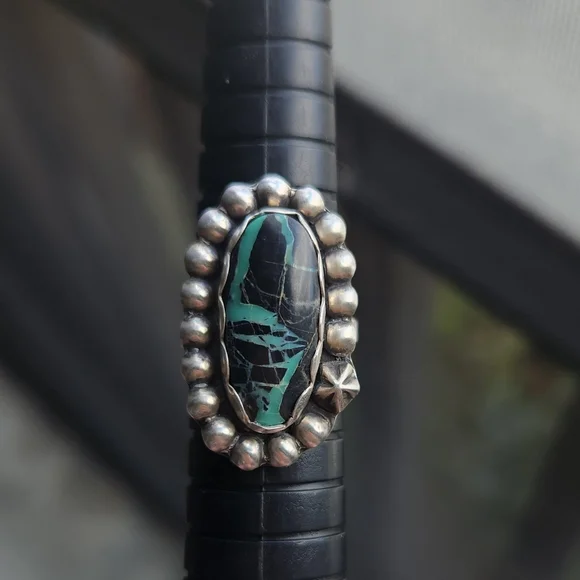 Handmade Sterling Silver 925 Black Jack Turquoise Ring Star Shot Size 6 - Picture 7 of 8